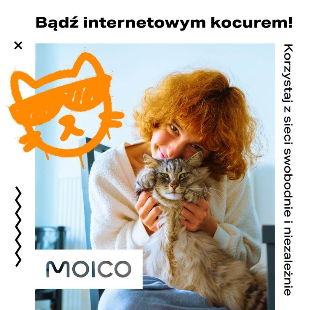 Zdjęcie przedstawia baner z hasłem: ,,Bądź internetowym kocurem!". Korzystaj z sieci swobodnie i niezależnie. Na grafice widoczna kobieta w ruych włosach, siedząca na krześle i trzymająca na kolanach kota, do którego się przytula. Internet Wrocław Fabryczna.