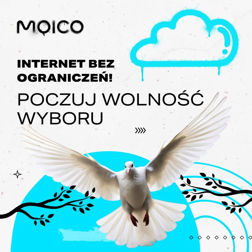 Zdjęcie przedstawiające baner z hasłem: INTERNET BEZ OGRANICZEŃ! POCZUJ WOLNOŚĆ WYBORU. Na grafice lecący biały gołąb, bo bokach dwie czarne gałązki. Internet Wrocław Gajowice.