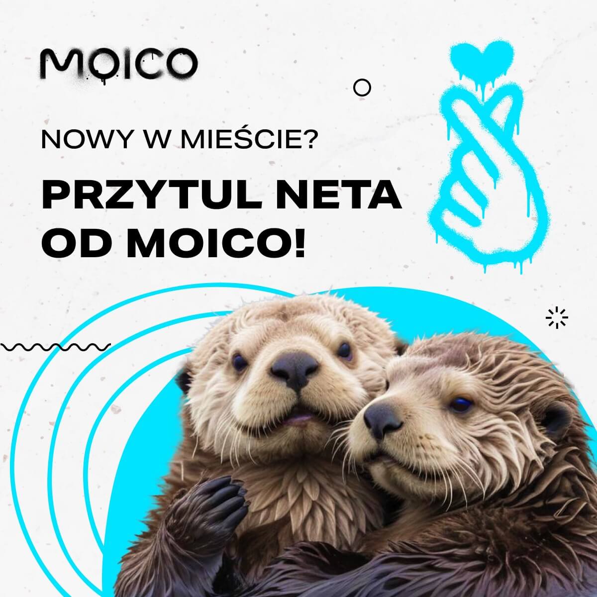 Grafika reklamowa firmy MOICO, promująca internet dla nowych mieszkańców miasta. Na środku znajdują się dwie urocze wydry przytulające się nawzajem, co nawiązuje do hasła: „Nowy w mieście? Przytul neta od MOICO!”. W lewym górnym rogu widnieje logo MOICO, a po prawej stronie znajduje się niebieska grafika przedstawiająca dłoń z gestem serca.
