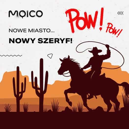 Moico wjeżdża do miasta niczym nowy szeryf na Dzikim Zachodzie! Dynamiczna grafika z kowbojem, koniem i pustynnym krajobrazem symbolizuje odważne wejście na nowy teren. To zapowiedź świeżej energii i pewnego siebie podejścia – bo tam, gdzie pojawia się Moico, zmieniają się zasady gry.